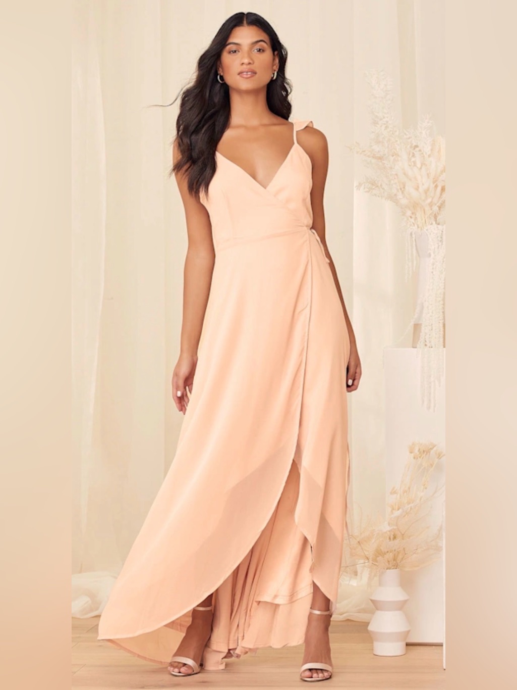 Lulus Blush Pink High-Low Spaghetti Strap With A Ruffle Wrap Dress Size L
